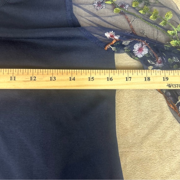 Sheer Fairy Goth Top Mesh Floral Embroidery Sleeve Tunic‎ Navy Crew Neck Wms XS - Picture 6 of 12